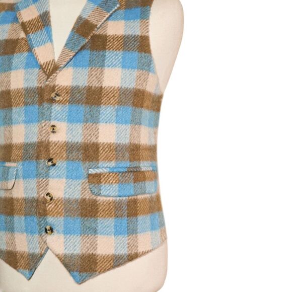 Mens 46R Lambswool Plaid Check Vest Waistcoat Cream Brown Blue Preppy Casual - Picture 5 of 8
